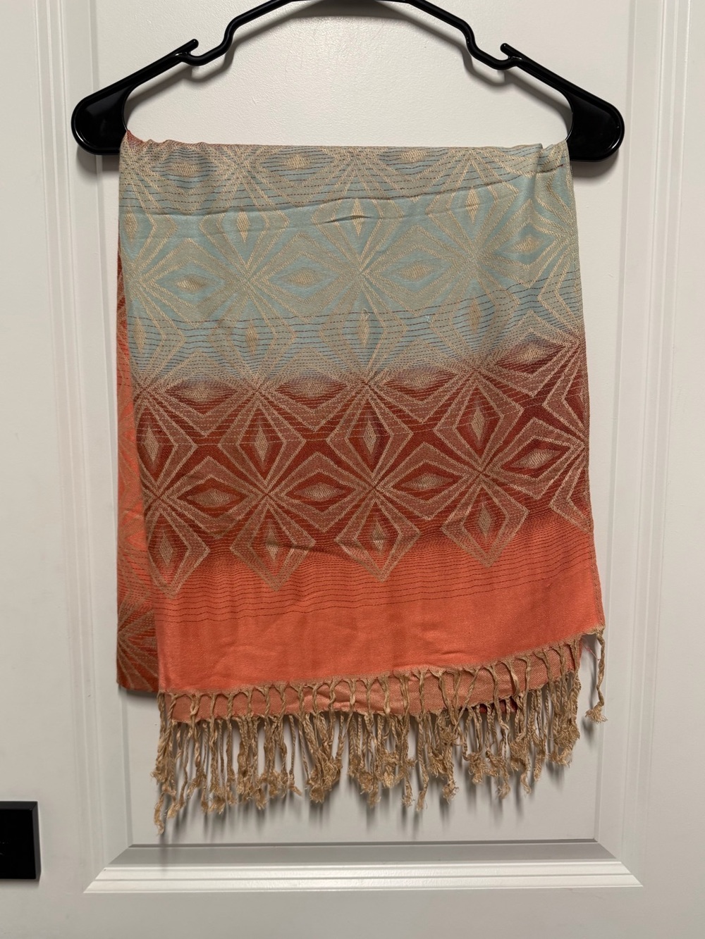 Coral Blue Beige Geometric Pashmina Hijab Scarf Fringe
